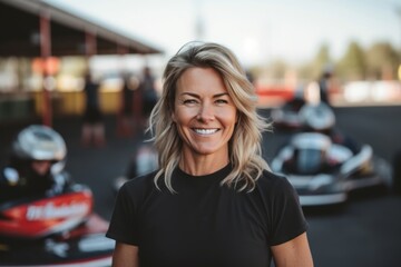 Wall Mural - Medium shot portrait photography of a satisfied woman in her 40s that is wearing a casual t-shirt against an exciting go-kart racing track with drivers competing background . Generative AI