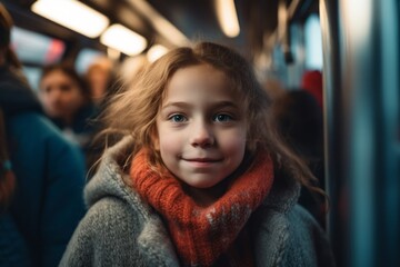 Portrait of a cute little girl in a train. The child is looking at the camera.