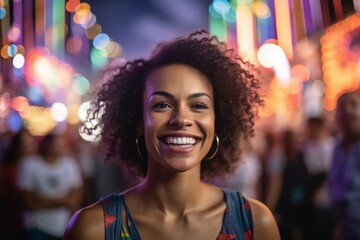 Wall Mural - Close-up portrait photography of a pleased woman in her 30s that is wearing a casual t-shirt against a lively brazilian carnival with performers background . Generative AI