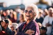 Medium shot portrait photography of a grinning woman in her 60s that is wearing a chic cardigan against an awe-inspiring solar eclipse event with spectators background . Generative AI