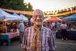 Medium shot portrait photography of a pleased man in his 80s that is wearing a foulard against a neighborhood block party with food and games background . Generative AI