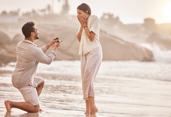 Poster - Couple at beach, wow for proposal and engagement with love and commitment with ocean and people outdoor. Travel, mockup space and man propose marriage to woman, surprise and happiness with care