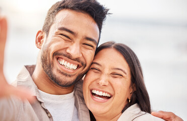 Poster - Couple outdoor, face and laughing in selfie with romantic date, social media post with love and care. Trust, care and commitment, man and woman funny together with happiness in picture and memory