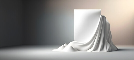 Wall Mural - Beautiful silk white cloth floating flying over podium stage platform. Mock up template for product presentation. 3D rendering. copy text space