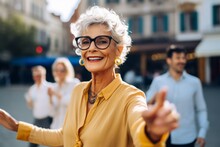 Medium Shot Portrait Photography Of A Pleased Woman In Her 50s That Is Wearing A Chic Cardigan Against A Lively Open-air Salsa Dance Class In A City Square Background . Generative AI