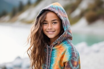 Outdoor portrait of cute preteen girl wearing warm hoodie looking at camera