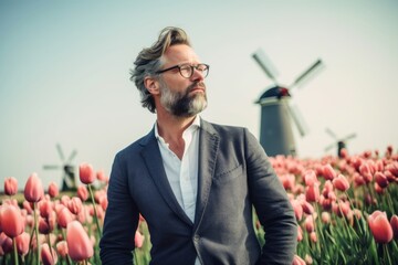 Wall Mural - Medium shot portrait photography of a tender man in his 40s that is wearing a chic cardigan against a beautiful tulip field in full bloom with a windmill background . Generative AI