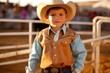 Cute little boy in cowboy costume on horseback at rodeo