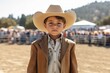 Young boy in a cowboy hat and coat on the rodeo.