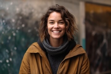 Medium shot portrait photography of a grinning woman in her 30s that is wearing a warm parka against a quiet painting studio with artists creating masterpieces background . Generative AI
