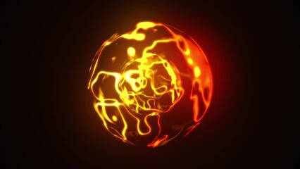 Wall Mural - abstract glowing energy sphere on dark background. lava orb made of luminous liquid of orange and ye