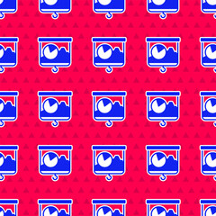 Poster - Blue Presentation board with graph, schedule, chart, diagram, infographic, pie graph icon isolated seamless pattern on red background. Vector