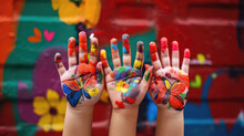Colorful Painted Hands In Front Of A Decorated Butterfly Flower Wall