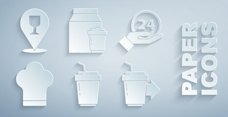 Wall Mural - Set Coffee cup to go, Clock 24 hours, Chef hat, Online ordering and delivery and Alcohol beer bar location icon. Vector