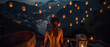 Young Tibetan woman covered in body tattoos bathes in a hot tub watching floating sky lanterns in the Himalayan valley below. Woman watching the scene in front of the misty sky. Generative AI