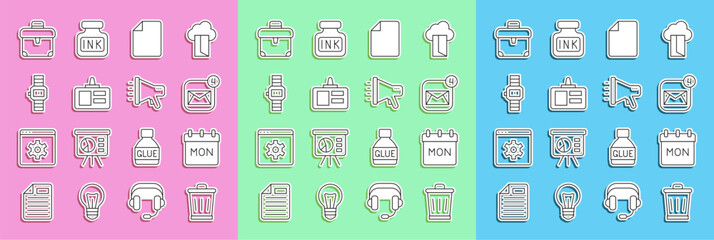 Poster - Set line Trash can, Calendar, Envelope, File document, Identification badge, Wrist watch, Briefcase and Megaphone icon. Vector