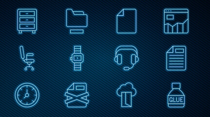 Poster - Set line Glue, File document, Wrist watch, Office chair, Archive papers drawer, Headphones and Document folder icon. Vector