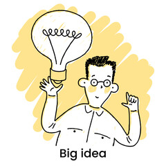 Poster - Cute cartoon man  with a big light bulb. Business idea, plan strategy and solution concept. Big idea, thinking, innovation. Business start up. Web page design template