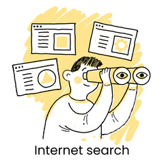 Poster - Cute cartoon man. Internet search concept. The process of discovery and research in the network. Cartoon man looks with binoculars. Observation, mission, identification. Web page design template