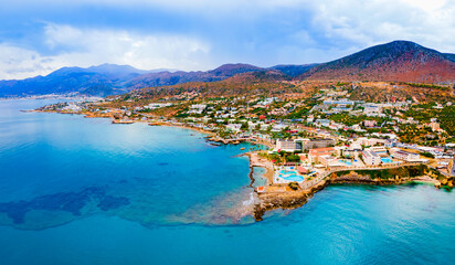 Wall Mural - Hersonissos town aerial panoramic view in Crete, Greece