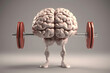 Human brain lifting weights. 3D brain lifting a heavy dumbbell. Mind training, memory health, Alzheimer's prevention, brain training, education, study and menthal health concept 