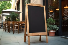 Blank Restaurant Shop Sign Or Menu Boards Near The Entrance To Restaurant. Cafe Menu On The Street. Whiteboard Sign Mockup In Front Of A Restaurant