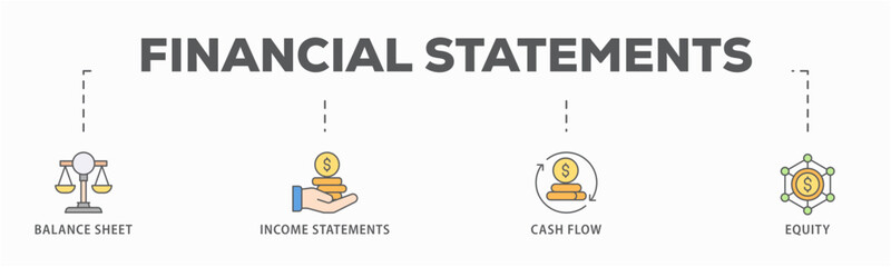 Financial statements banner web icon vector illustration concept with icon of graph, balance sheet, pie chart, income statements, money, calculator, income, earning, cash flow, equity, and balance