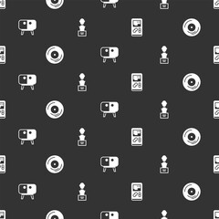 Poster - Set Portable video game console, Vinyl disk, TV stand and Gypsum head sculpture bust on seamless pattern. Vector