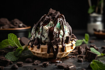 Wall Mural - Waffle cone filled with mint chocolate chip ice cream, chocolate chips and fresh mint leaf. AI generated