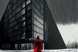 Architectural illustration with lone woman in red cloak from Generative AI
