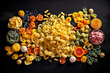 Creative food concept background. Different types of pasta isolated on black background. AI generated.