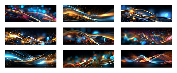 Abstract Wave Technology gold and blue web banners set. Global cyber network curves concept, golden lines connectivity design for wireless WIFI connection technology or twitter news. Generative AI