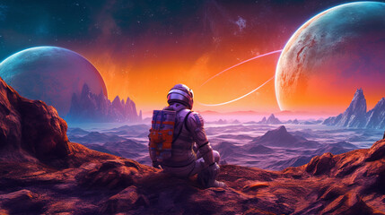 Wall Mural - synthwave astronaut on an alien planet looking out. ia generative.