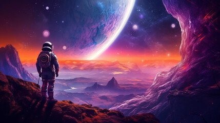 Wall Mural - synthwave astronaut on an alien planet looking out. ia generative.