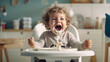 Laughing boy sits in baby chair eating porridge created with generative AI technology