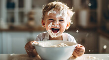 Laughing Boy Sits In Baby Chair Eating Porridge Created With Generative AI Technology