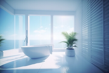 Modern looking bathroom with big windows and sea view 