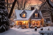 Photo of house decorated for Christmas under the snow. Generative AI