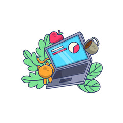 Poster - Laptop with Cat and Coffee Illustration. Cute Vector Cartoon Design Element