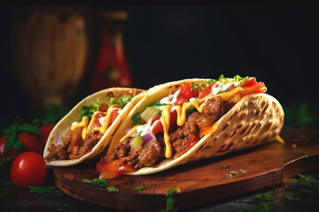 Tasty appetizing beef tacos with vegetables on a wooden cutting board. Traditional Mexican food - delicious taco. Generated by AI