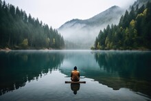 Black Forest Lake In The Mountains, Guy Paddling For Social Media