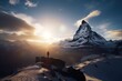 sunrise in the swiss mountains, matterhorn in the background, hiking, getting to the top, 