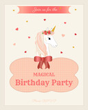 Fototapeta Dinusie - Birthday invitation  with unicorn, flowers, hearts