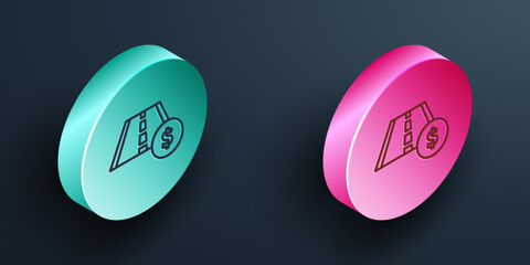 Poster - Isometric line Toll road traffic sign. Signpost icon isolated on black background. Pointer symbol. Street information sign. Direction sign. Turquoise and pink circle button. Vector