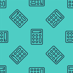 Poster - Black line Calculator icon isolated seamless pattern on green background. Accounting symbol. Business calculations mathematics education and finance. Vector