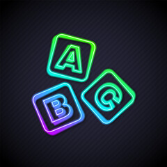 Wall Mural - Glowing neon line ABC blocks icon isolated on black background. Alphabet cubes with letters A,B,C. Vector