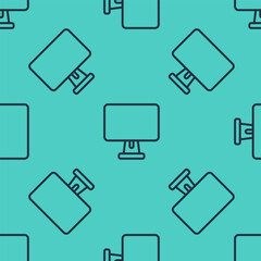Poster - Black line Computer monitor screen icon isolated seamless pattern on green background. Electronic device. Front view. Vector