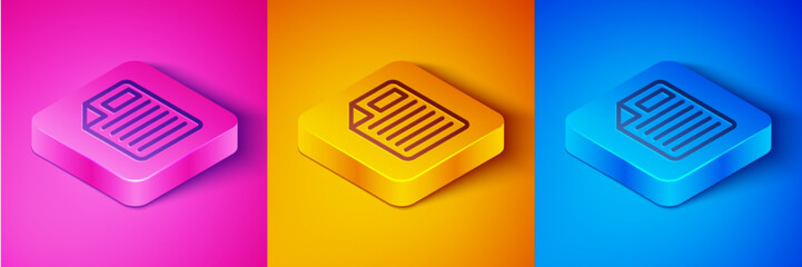 Poster - Isometric line File document icon isolated on pink and orange, blue background. Checklist icon. Business concept. Square button. Vector
