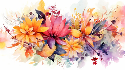 Wall Mural - Background of leaves and flowers in watercolor. IA generative.