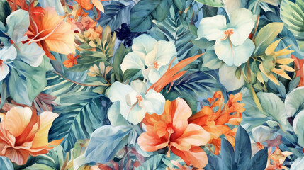 Wall Mural - Background of leaves and flowers in watercolor. IA generative.